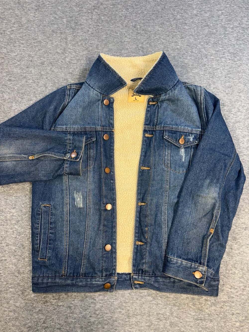 Brooklyn Laundry Sherpa Lined Distressed Denim Jacket, Size L